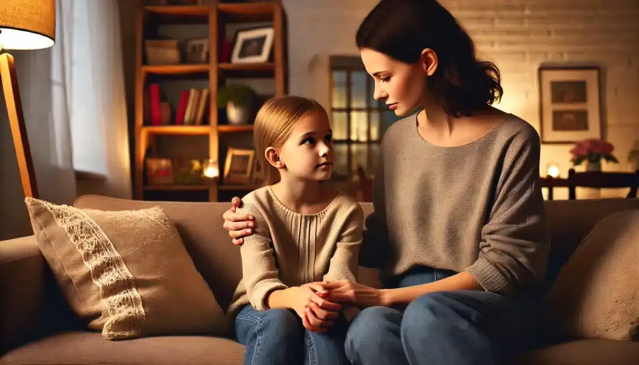 Matka a dcéra pri úprimnom rozhovore na pohovke v útulnej obývačke.